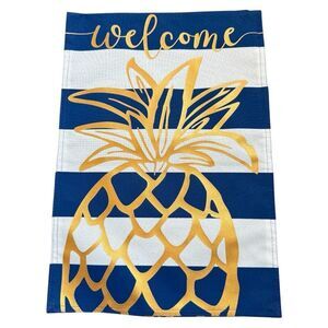 Evergreen Garden Yard Flag Gold Pineapple Welcome Navy White Stripe NWOT